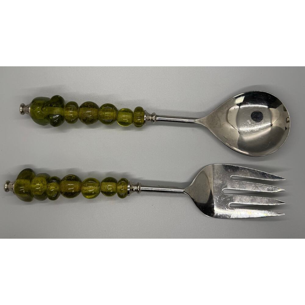 Serving Spoon And Fork Green Amber Color Glass Beaded Handle Set Of 2 Polished